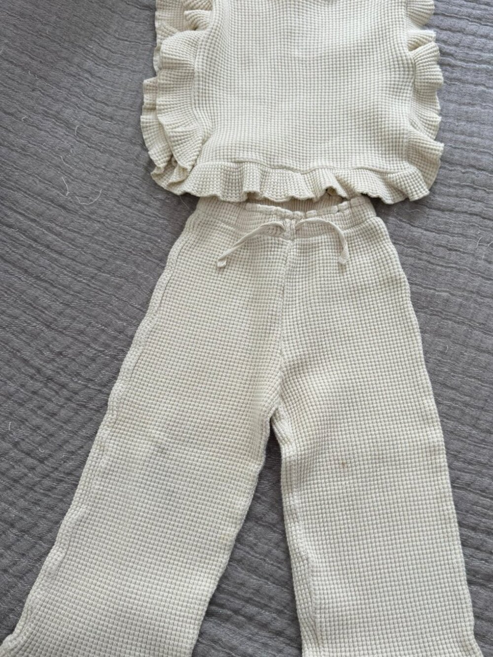 Zara Kids Waffle Knit Ruffle Top & Pants Set Cream 5Y